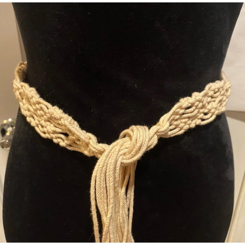 Woven macrame Rope Tassel Belt - Cream natural